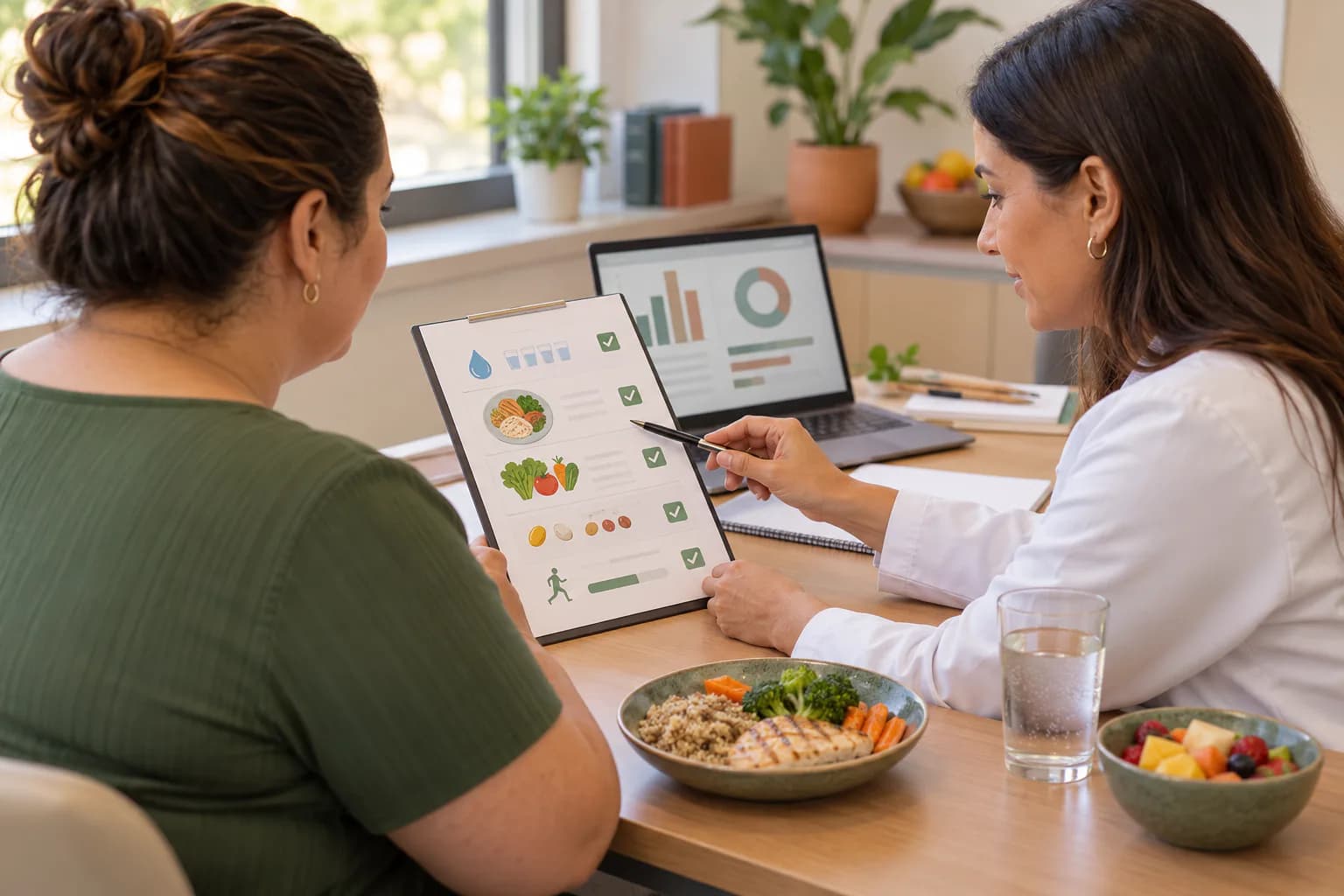 Nutricionista e paciente revisando hidratação, refeições e acompanhamento pós-bariátrico