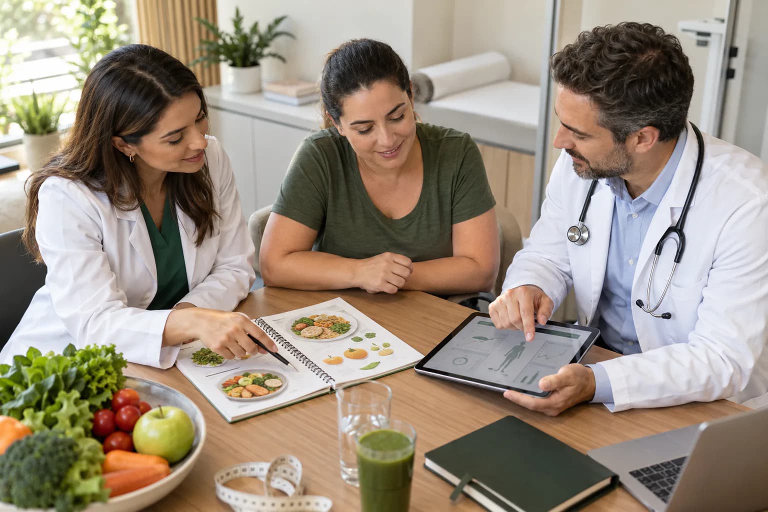 Equipe com nutricionista e nutrólogo construindo um plano de cuidado com a paciente