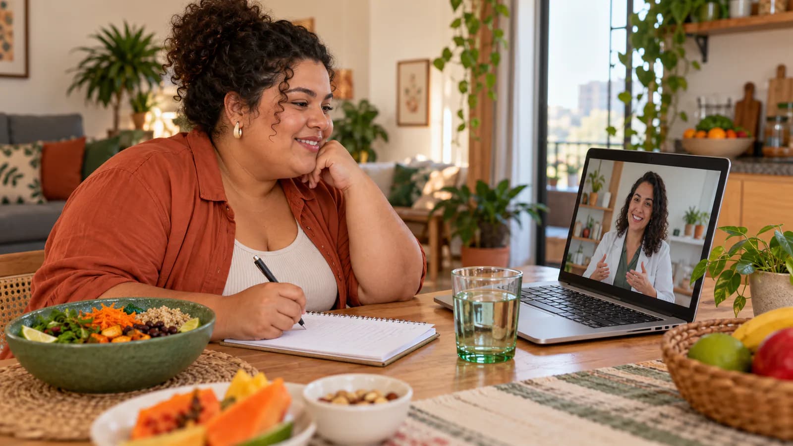 Pessoa com obesidade em consulta online acolhedora com nutricionista