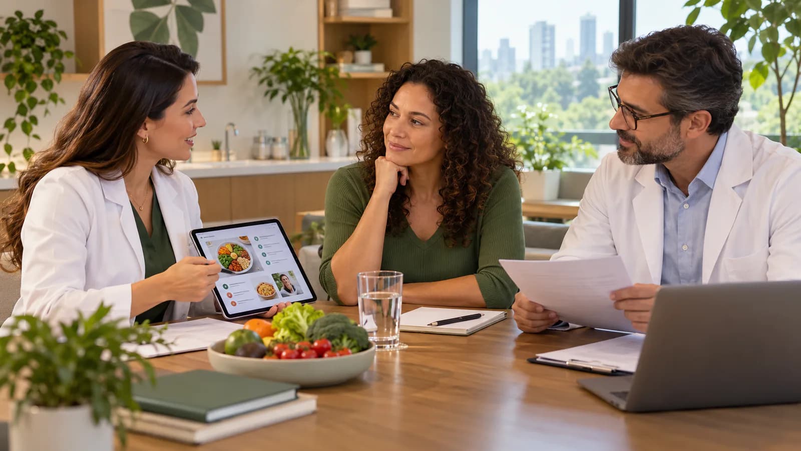 Paciente em conversa integrada com nutricionista e médico nutrólogo