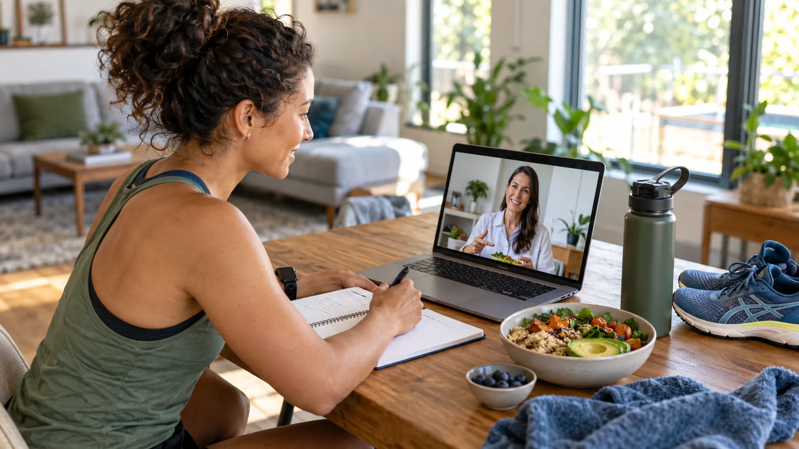 Atleta amadora em consulta online com nutricionista esportiva