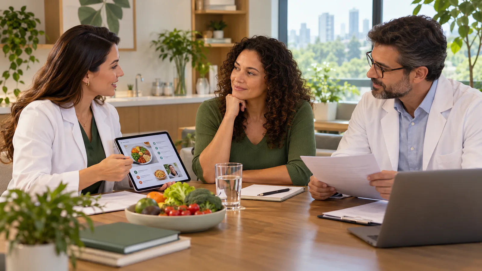 Paciente em conversa integrada com nutricionista e médico nutrólogo